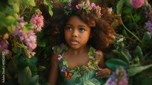 Menina de quatro anos brinca entre as flores coloridas. Ela está vestida com um vestido verde esmeralda, adornado com pequenas borboletas em tons de rosa e lilás photo