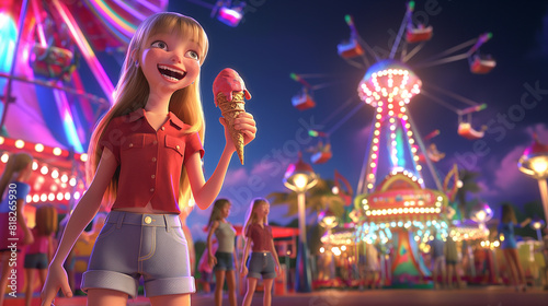 À noite, em um parque de diversões, uma menina de nove anos sorri animadamente enquanto saboreia uma casquinha de sorvete de morango photo
