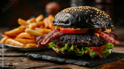 black burger with bacon, lettuce and tomato on black bun, French fries in the background photo