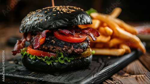 black burger with bacon, lettuce and tomato on black bun, French fries in the background, photo