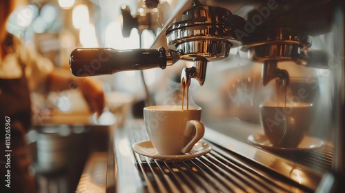 Espresso machine brewing fresh coffee in a cafe photo