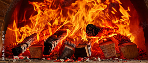 As chamas vermelhas e quentes engolfam o forno a lenha em um espetáculo de fogo photo
