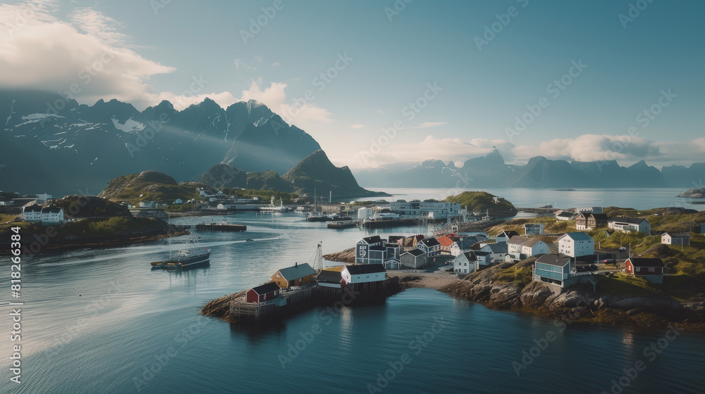 Enchanting Lofoten: Aerial View of Norway's Coastal Charm. Generative AI