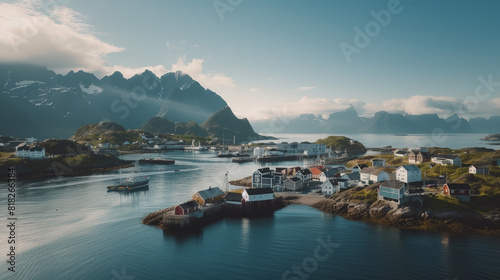Enchanting Lofoten: Aerial View of Norway's Coastal Charm. Generative AI