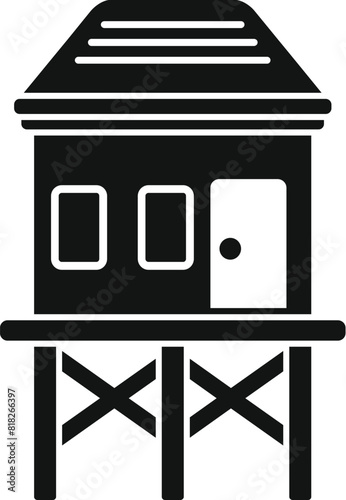 Minimalistic black and white vector illustration of a stilt beach house icon. A stylish and simple coastal property with storm surge protection and flood zone prevention