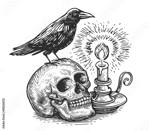 Human skull with raven on its head, burning candle in candlestick. Clipart hand drawn sketch vector drawing