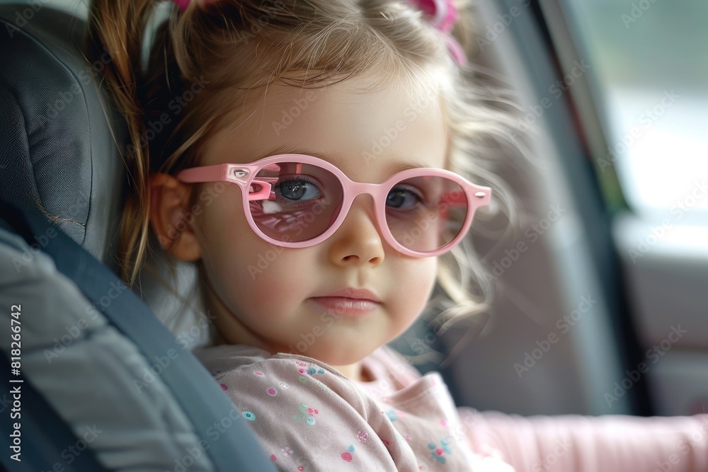 A cute girl in sunglasses sits in a child seat, ready for a car ride. A cute girl in sunglasses sits in a child seat, ready for a car ride.