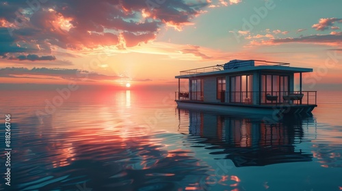 cozy houseboat gently rocking on calm ocean waves during stunning sunset warm glow reflection photo