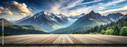 Generative ai. A scenic view of a wooden deck overlooking majestic snow-capped mountains under a partly cloudy sky, with a dense forest at the base. The perspective emphasizes the expansive photo