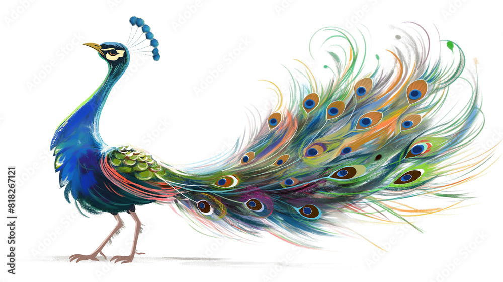 Fototapeta premium Colorful Peacock Standing with Feathers in the Air isolated on a transparent background