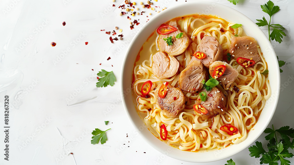 Bowl of instant noodles isolated on wooden background, noodles with chopsticks	
