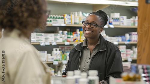 friendly pharmacy clerk assisting customer healthcare retail service conceptual portrait photography