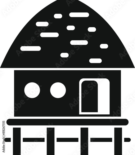 Traditional stilt house silhouette with elevated graphic black and white tropical dwelling design. Vector icon. And simple illustration on pilings