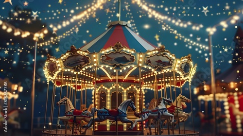 A vintage carousel adorned with red, white, and blue ribbons spins merrily under a canopy of twinkling stars, a whimsical ode to the joys of freedom and childhood innocence.
