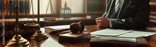 Man sitting at a desk with a gavel and books, lawyer concept
