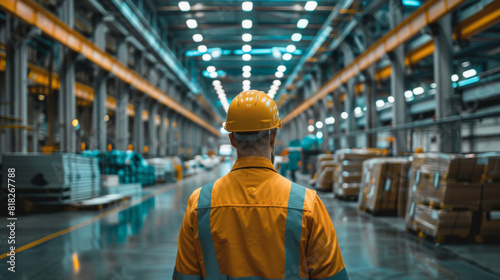 Rear view of a male warehouse worker in a reflective vest managing logistics in a large industrial warehouse.