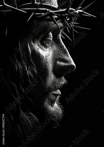 A close up of a man's face with a crown of thorns on his head. The image is black and white and has a somber mood