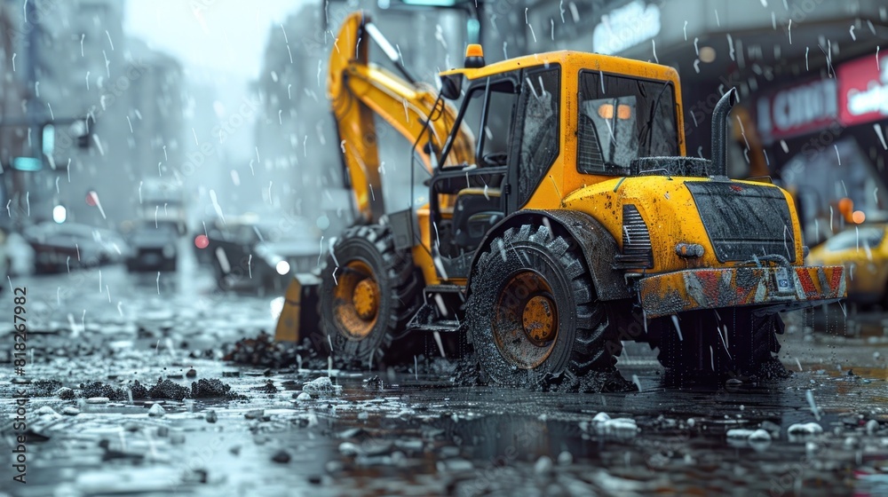 Backhoe Loader at Work in a Rainy Construction Site