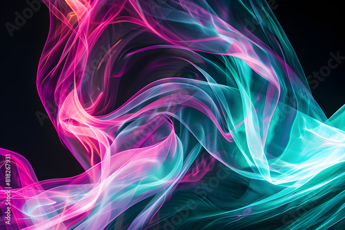 Enchanting neon swirls forming a dreamy pink and teal abstract art piece. A picturesque composition on black background.