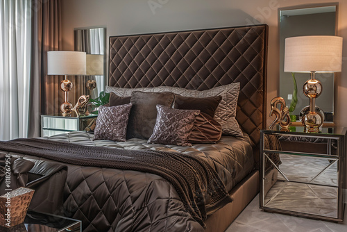 Refined art deco bedroom with a quilted chocolate brown headboard  mirrored side tables  and a copper sculpture.