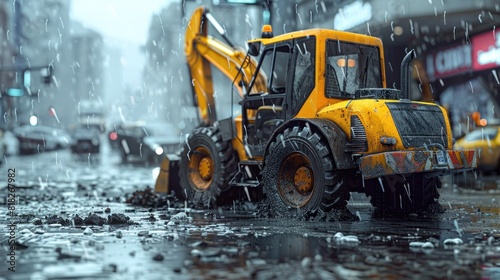 Backhoe Loader at Work in a Rainy Construction Site photo