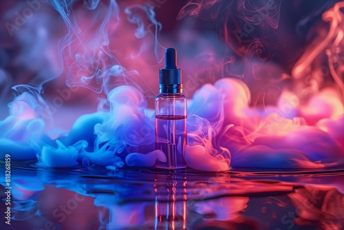 E-cigarette liquid against thick vape smoke, empty space
