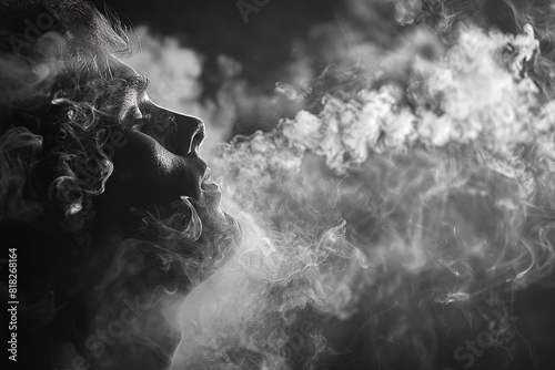 A man smokes a vape pen while exhaling large amounts of smoke.