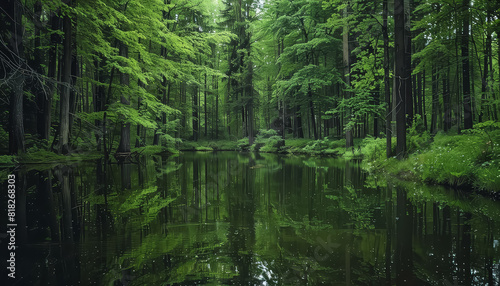 A serene and peaceful scene of a forest with a lake in the middle