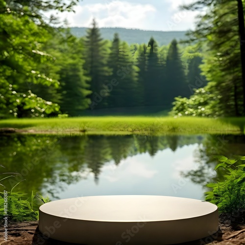 Pedestal for products nature forest lake river atmosphere peaceful aesthetics promotion wildlife mountains zen state of mind. photo