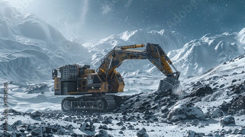 Heavy Machinery Excavator Digging into Lunar Landscape A Vision of Future Space Colonization photo