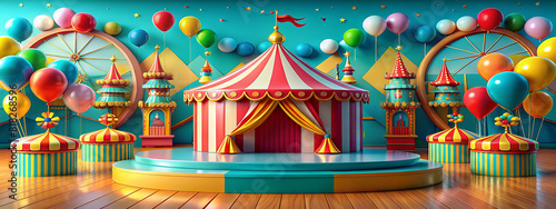 Generative ai. A vibrant circus scene featuring a large striped tent in the center, flanked by smaller tents and colorful balloons. 