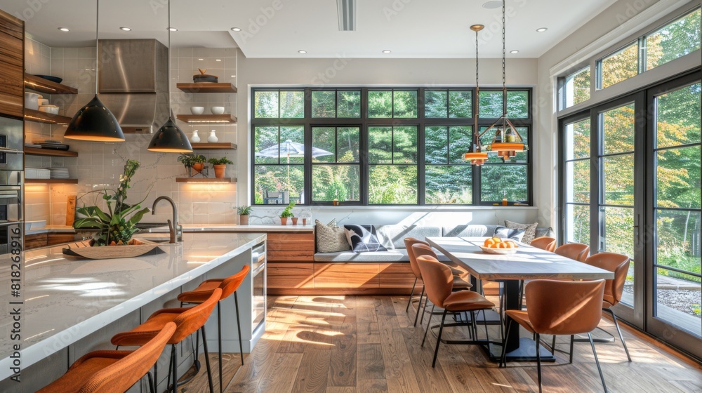 contemporary kitchen with a breakfast nook and an open shelving design