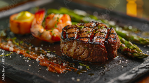 Delicious grilled steak and shrimp served on a slate with asparagus and seasoning, perfect for a gourmet meal.