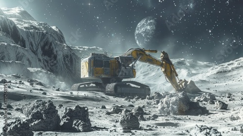 Heavy Machinery Digging Moon Dust in a Lunar Landscape A SciFi Construction Site photo