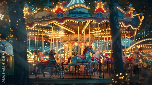 A vintage carousel adorned with red, white, and blue ribbons spins merrily under a canopy of twinkling stars, a whimsical ode to the joys of freedom and childhood innocence.