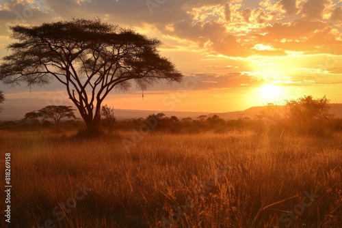 Portrait sunset  with tree   A safari sunset in the  of Africa  AI generated