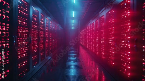 Data center with LED indicators showing cloud storage usage and performance metrics