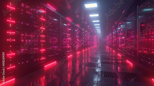 Data center with LED indicators showing cloud storage usage and performance metrics
