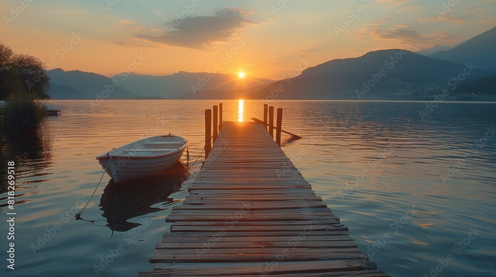 A boat is docked at a pier in front of a sunset A boat is docked at a pier in front of a sunset