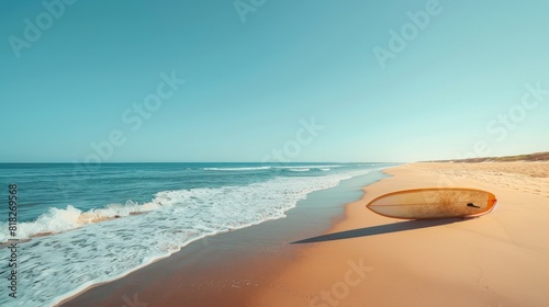 A surfboard is laying on the beach, with the ocean in the background