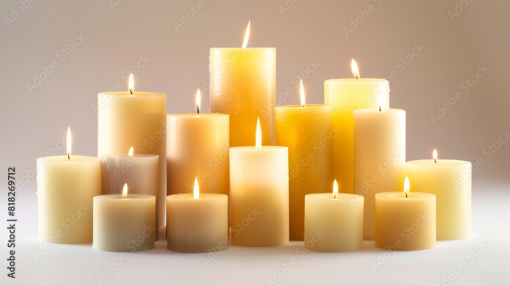 A collection of lit candles of various sizes and heights arranged together, creating a warm and soothing ambiance. A collection of lit candles of various sizes and heights arranged together, creating a warm and soothing ambiance.