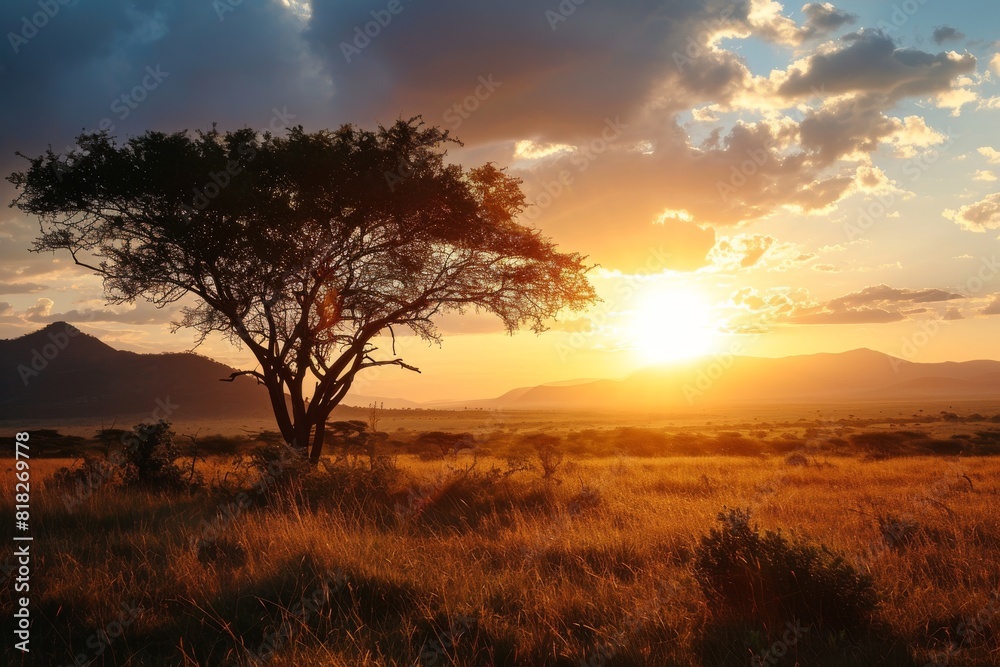 Portrait sunset  with tree , A safari sunset in the  of Africa, AI generated