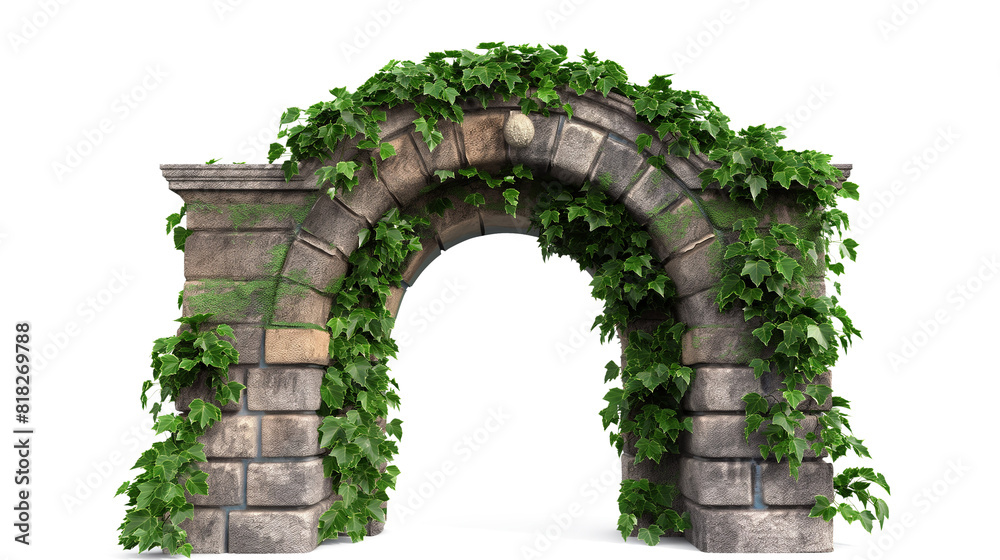 Obraz premium Cut out stone arch covered with ivy. The entrance gate isolated on a transparent background