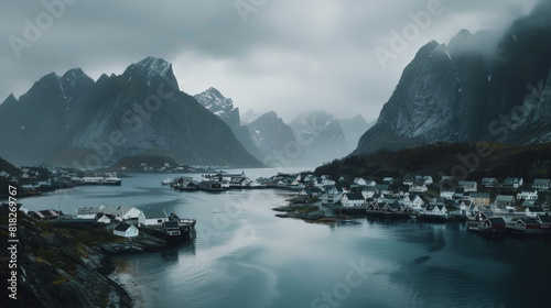 Enchanting Lofoten: Aerial View of Norway's Coastal Charm. Generative AI