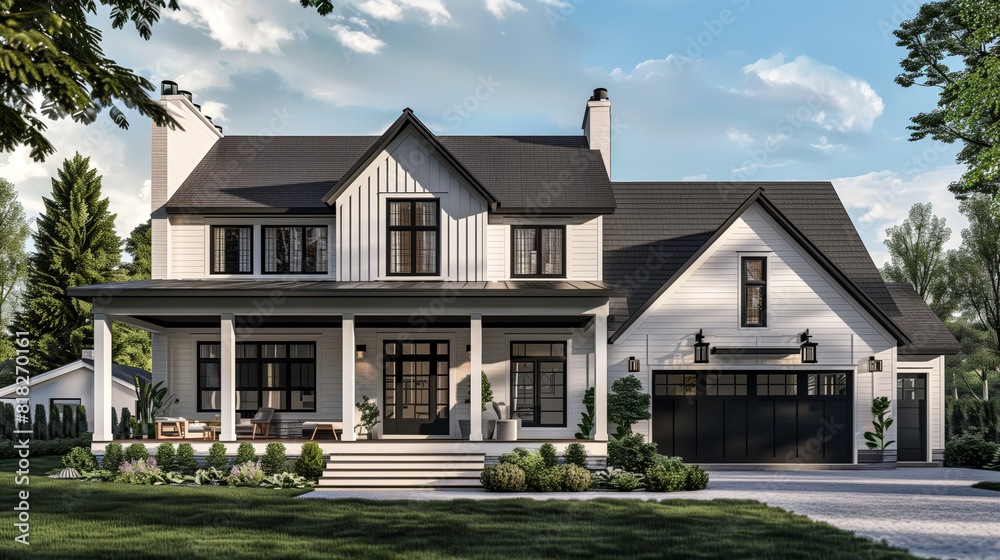 A rendering of a farmhouse style home with a large front porch and a covered porch A rendering of a farmhouse style home with a large front porch and a covered porch