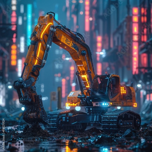 Futuristic D Rendered Backhoe Digging with Robotic Precision in a Cyber Cityscape photo