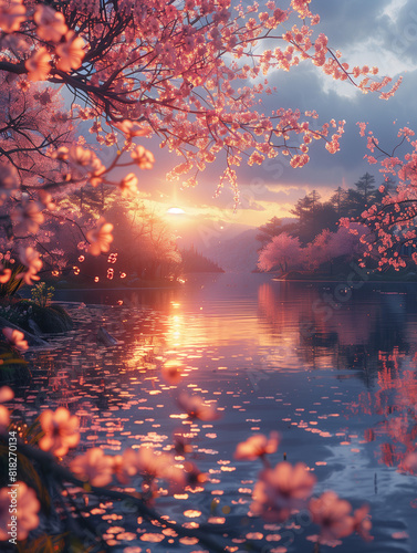 Enchanting Sunset Over Tranquil Lake with Cherry Blossoms