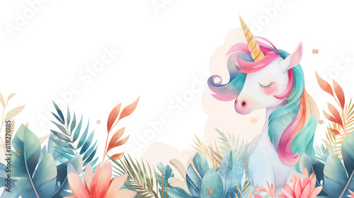 Cute Colorful Unicorn Standing in Front of Plants isolated on a transparent background