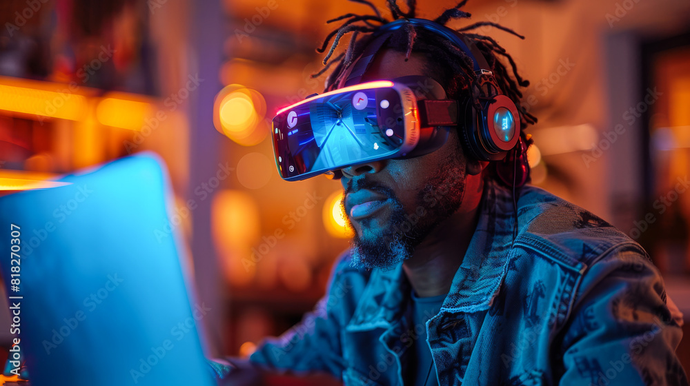 Young Man Using VR Headset in Home Office Young Man Using VR Headset in Home Office