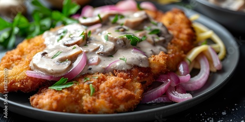 Schnitzel with Creamy Mushroom Sauce and White Wine Onions and Mushrooms, Served with Rösti or Pasta. Concept Cooking Instructions, Ingredients List, Serving Suggestions, Flavor Pairings